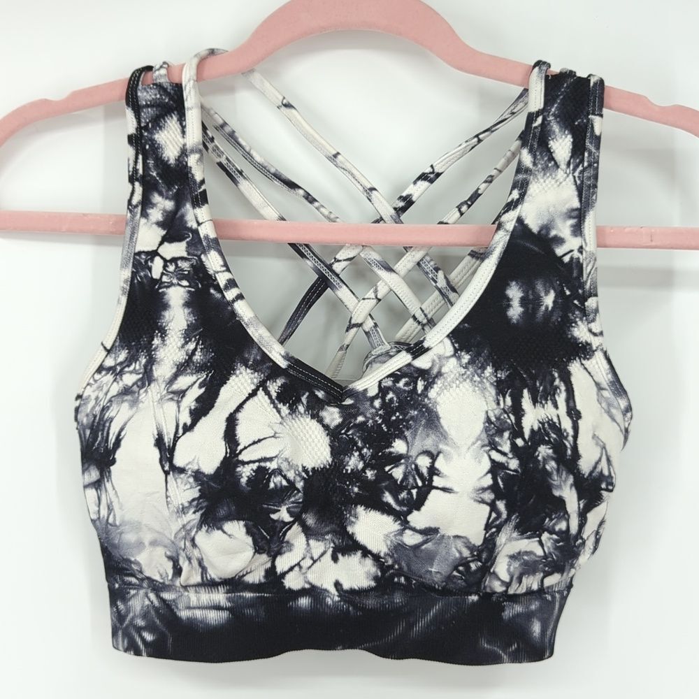 Fit Booty Tie Die Black White Sports Bra Criss-Cross Straps Medium